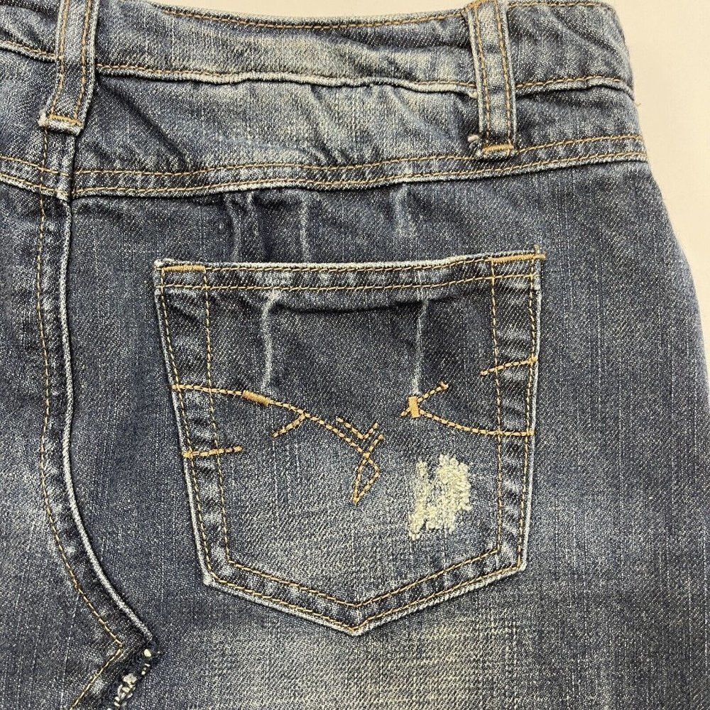 MUDD Distressed Denim Mini‎ Skirt Juniors Size 5 Medium Wash Raw Hem y2k 2000s - Picture 5 of 13